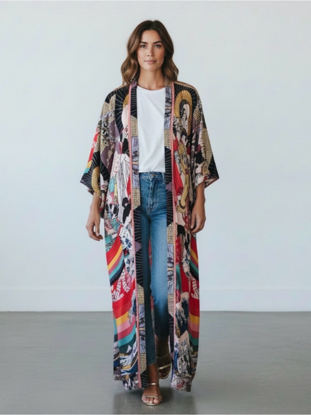 Japanese Geisha Print Kimono Duster 0/S Cover Up